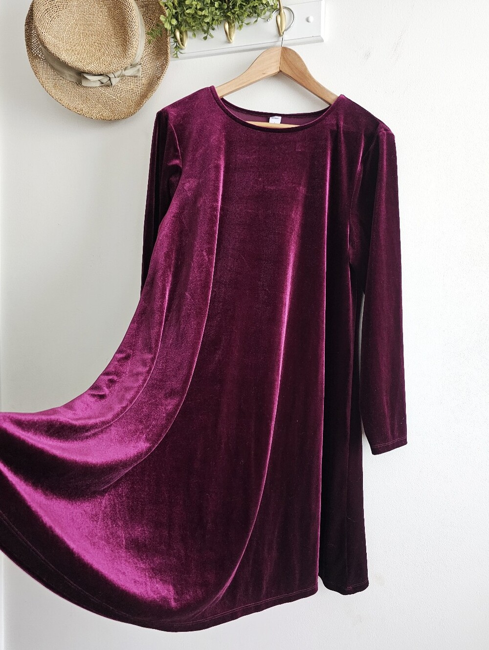 Old Navy Women's Velvet Swing Dress Winter Wine Burgundy Long Sleeve Size L